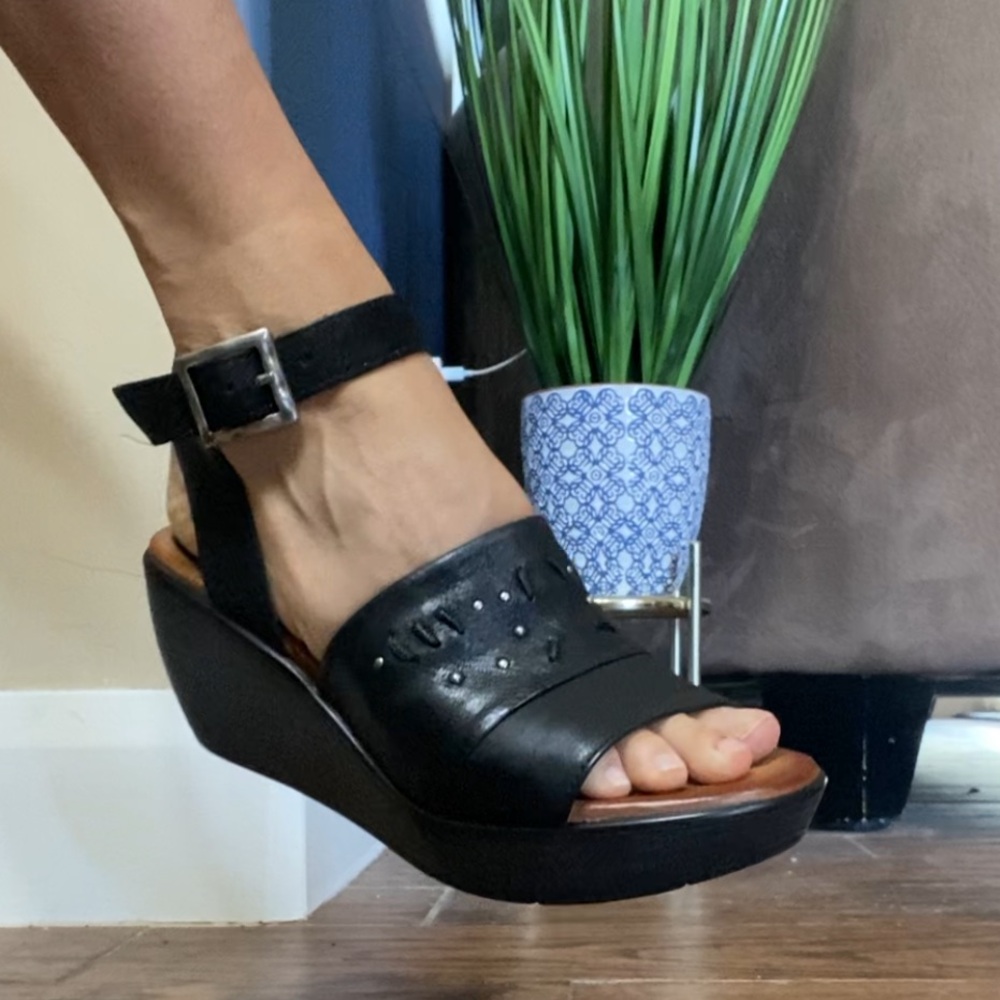 Miz Mooz Black Leather Wedge Sandals